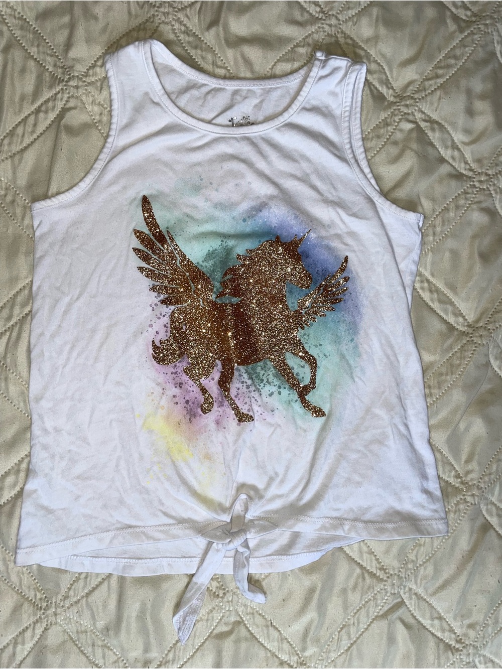 Justice White Tank Top with Gold Glitter Unicorn and Pastel Accent